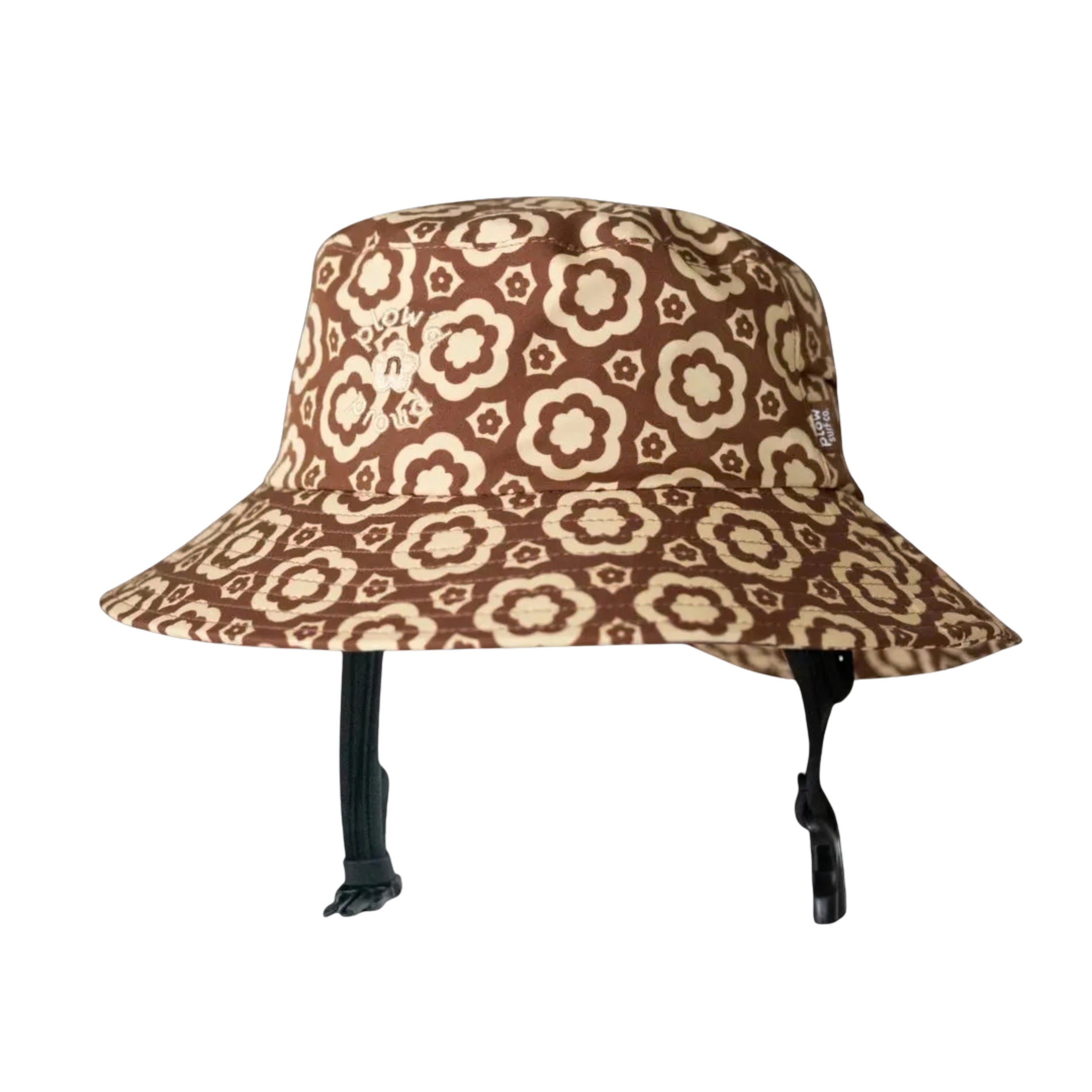 Brown and beige patterned surf bucket hat on a white background
